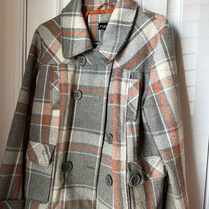 Rue21 Women's Plaid Pea Coat in Gray and Orange